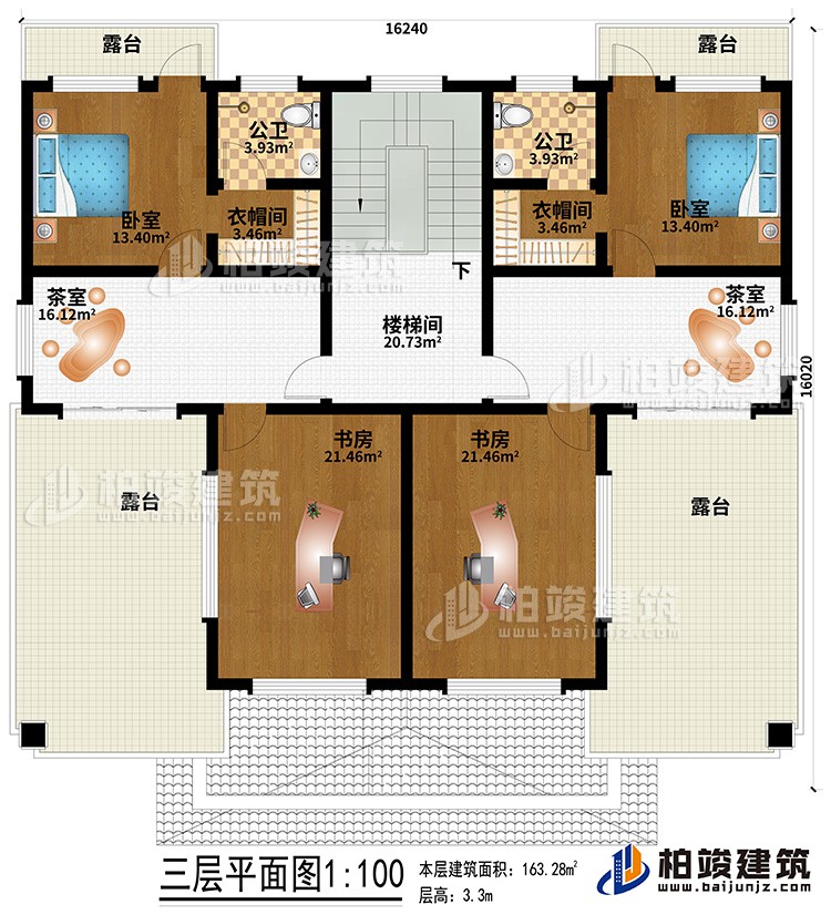 三层:2茶室、2书房、2卧室、2衣帽间、2内卫、4露台、楼梯间