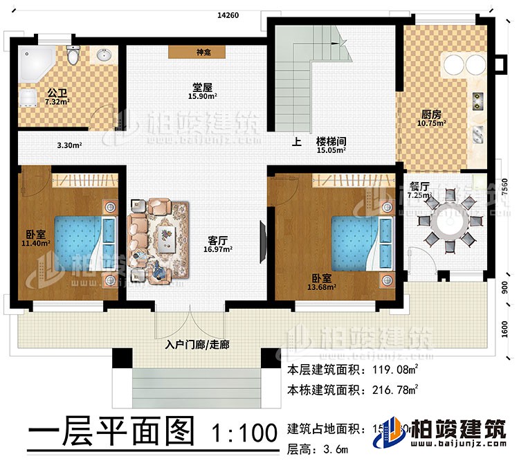 一层:入户门廊/走廊、客厅、堂屋、神龛、楼梯间、厨房、餐厅、2卧室、公卫