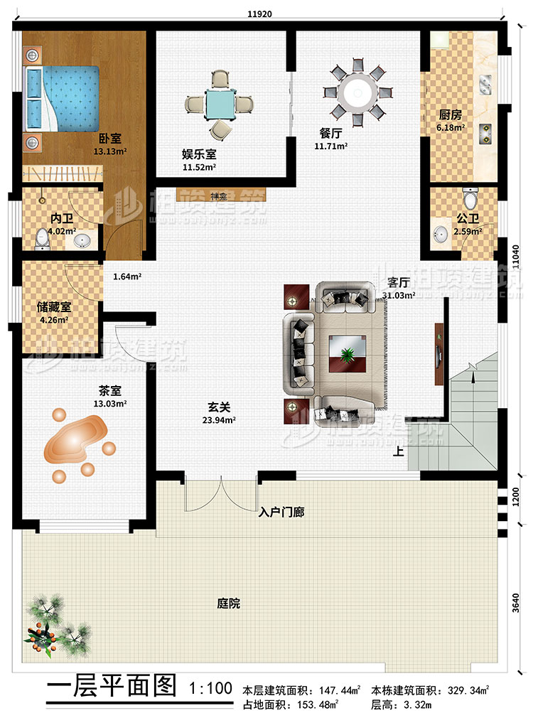 一层:庭院、入户门廊、玄关、神龛、客厅、厨房、餐厅、娱乐室、茶室、储藏室、卧室、内卫、公卫