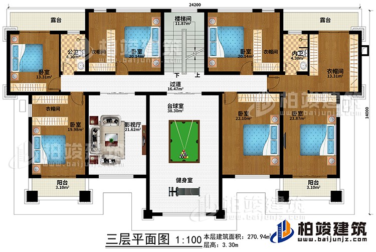 三层:过道、楼梯间、影视厅、台球室、健身室、6卧室、4衣帽间、公卫、内卫、2露台、2阳台